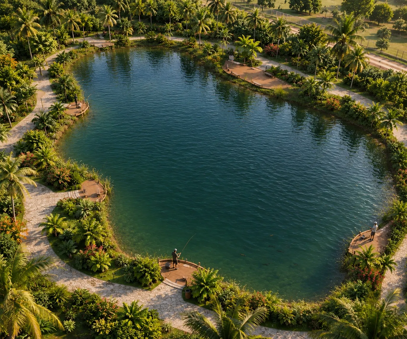Lago natural cercado de vegetação