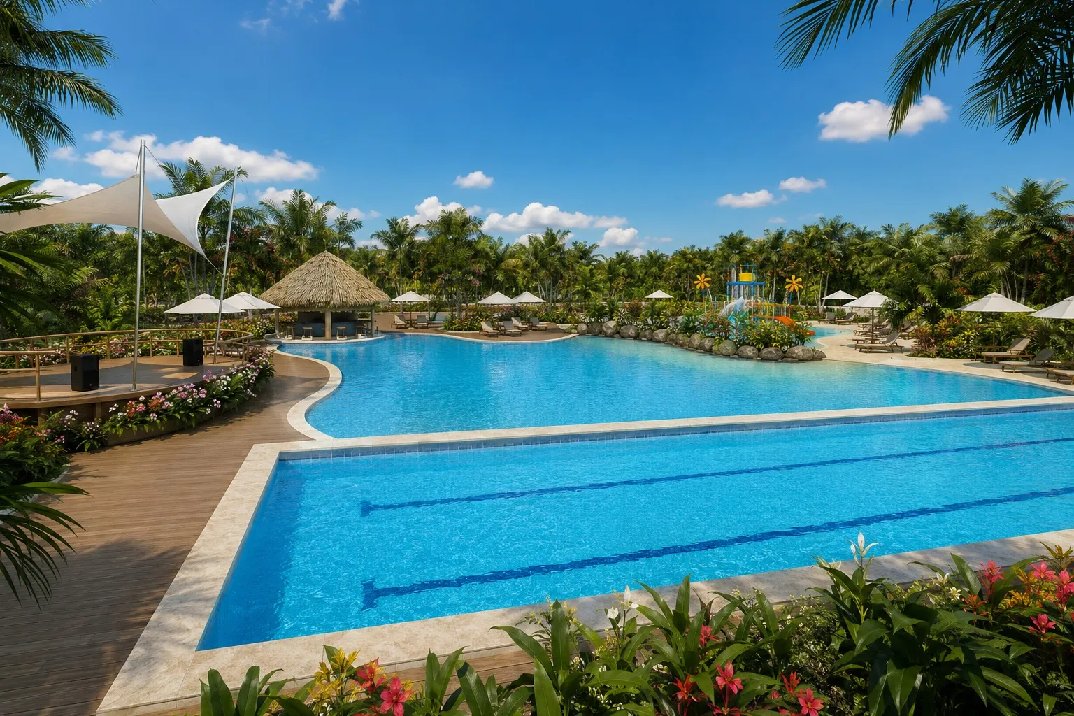 Piscina com raias e palmeiras