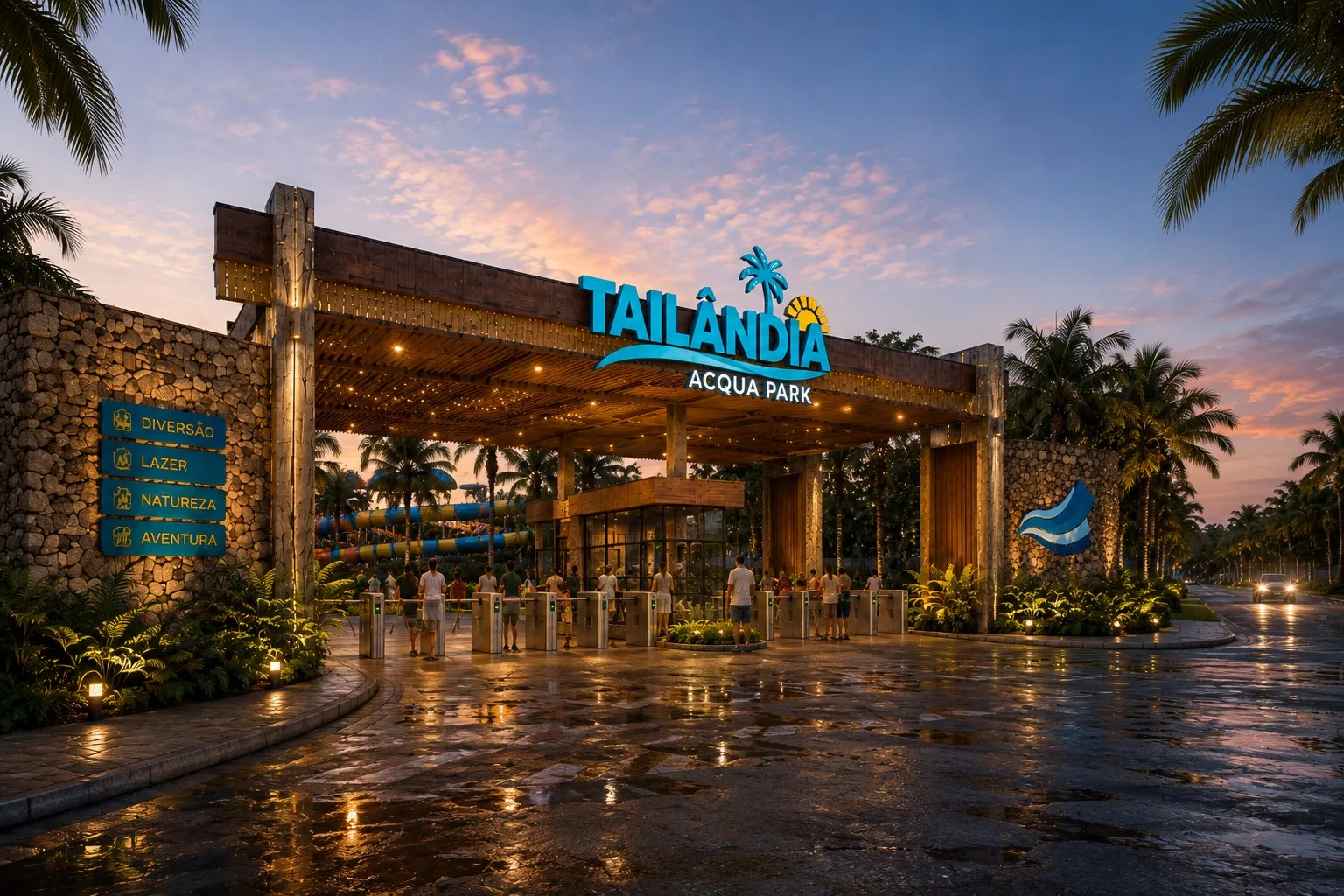 Imagem ilustrativa do projeto: Fachada de entrada do Tailândia Acqua Park ao entardecer